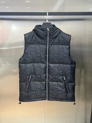 Replica Gucci Men’s GG Jaquard Hooded Down Vest in Black