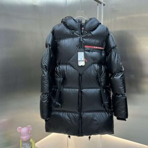 Replica Prada Hooded Red Label Mid-length Down Jackets in Black