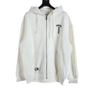 Replica Chrome Hearts Hoodie with Zipper Horseshoe Print on the Back White For Unisex