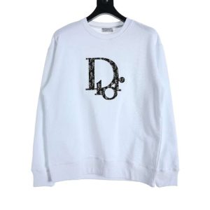 Replica Dior 23FW Embroidered Cotton Round Neck Sweatshirt with Floral Applique Black White