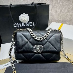 Replica Chanel 19 Small Flap Bag in Black Lambskin Leather Silver Hardware