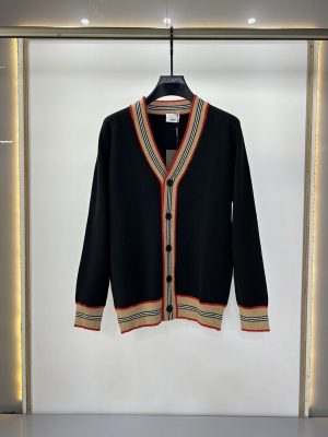 Replica BURBERRY Wool Cardigan With Iconic Stripe Pattern Finish Black