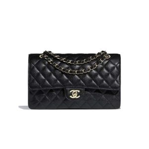 Replica Chanel Black Caviar Rectangular Flap Bag with Light Gold Hardware